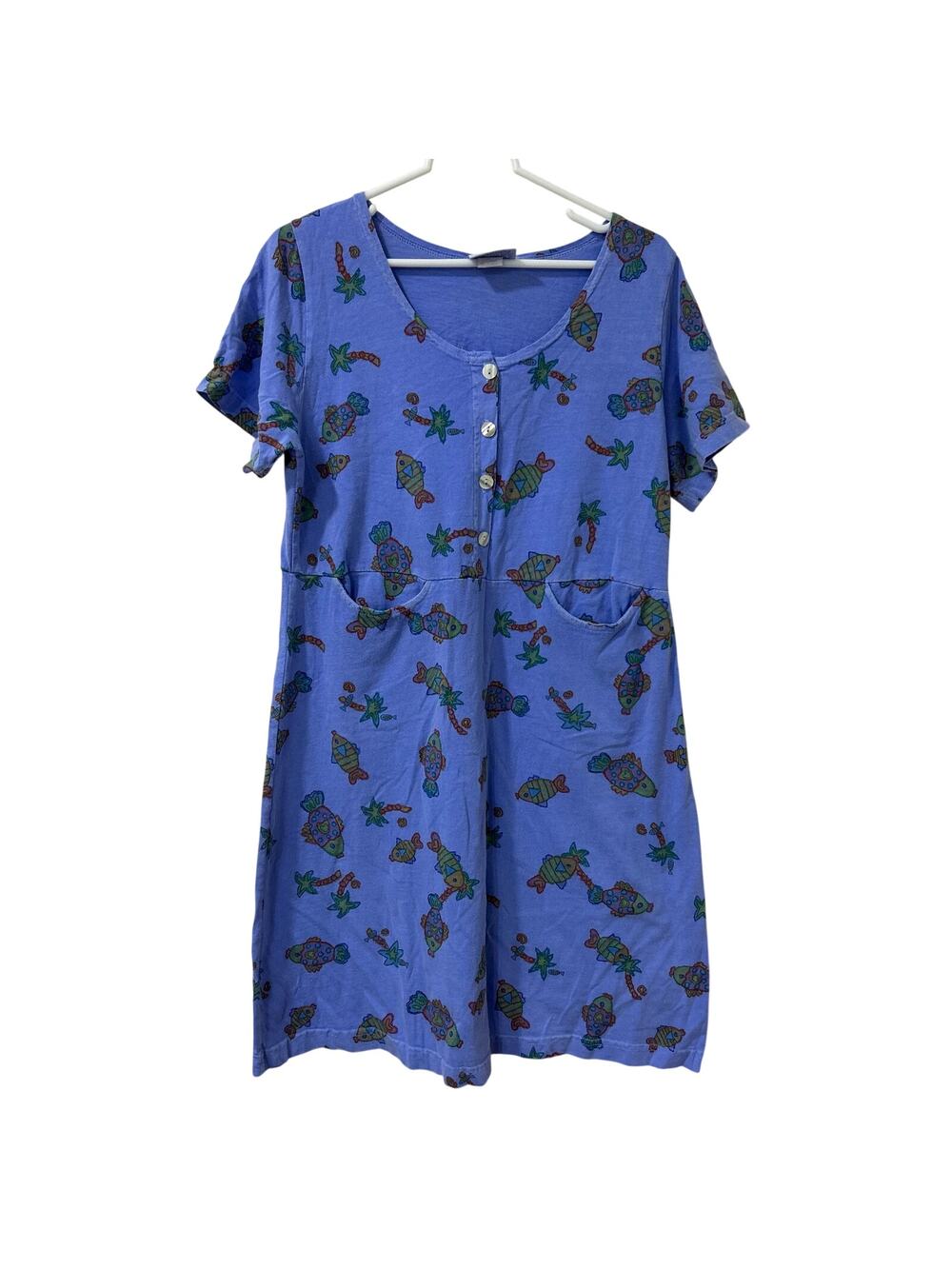 Fresh Produce Vtg Women Sz Small Purple Henley Short Sleeve Dress Fish Palm Tree